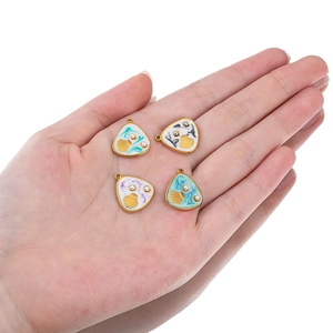 Gold-plated shell triangle pendant with pearl and colorful enamel for DIY jewelry making