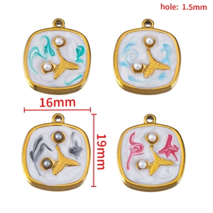 Square gold rimmed fishtail shell pearl pendants in four marble ink colors