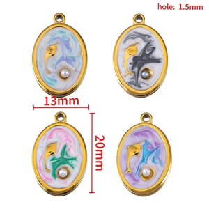 Set of 4 stainless steel dolphin charms with colorful enamel inlay and white pearls