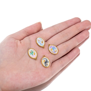 Oval stainless steel ocean dolphin pendants with pearl inlay and colorful enamel drips