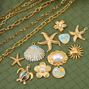 Stainless Steel Ocean Series Sea Star Turtle Shell Pendants For Jewelry Making DIY Enamel Artificial Pearl Charms Findings