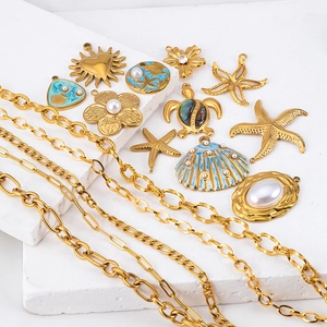 Golden ocean series pendants with starfish and seashell charms on varied metal chains