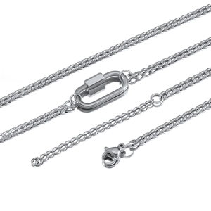 Silver stainless steel Cuban chain necklace with minimalist oval screw lock connector clasp