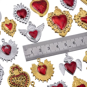304 Edelstahl Vergoldet Heiligstes Herz Flügel Anhänger Rote Emaille Herz Charms Für DIY Halskette Schmuckherstellung Damen