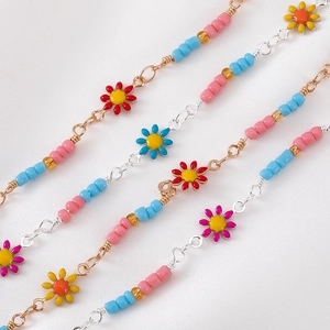 Handmade colorful daisy flower beaded necklace with copper chains in various vibrant colors