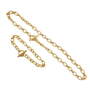 Gold stainless steel oval link chain necklace and bracelet set with toggle clasp