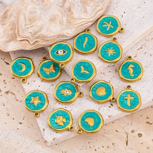 14er-Set Türkis-Emaille Anhänger mit Gold-Sonne, Mond und Seestern aus Edelstahl