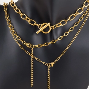 Three-layer gold stainless steel chain necklace set featuring toggle clasp and paperclip links