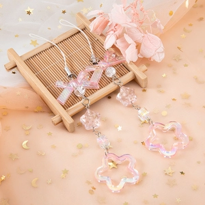 Pink Iridescent Star Bowknot Keychain Sweet Girly Bag Charm Holographic Heart Bead Chain Phone Strap Accessory