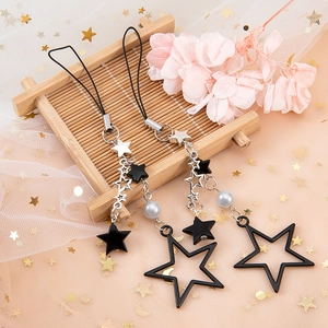 Y2K Black Star Beaded Keychain For Women Alloy Resin Star Beads Phone Charm Bag Pendant Faux Artificial Pearl Stars Jewelry Gift