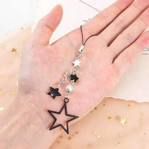 Chic black star beaded keychain with hollow star pendant and white pearl charm accessory