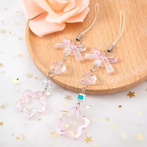 Pink holographic star and bow keychain with bead chains for bags and cameras