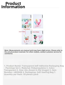 Detail view of 7x10cm transparent flamingo self-adhesive bags for gift and cookie packing