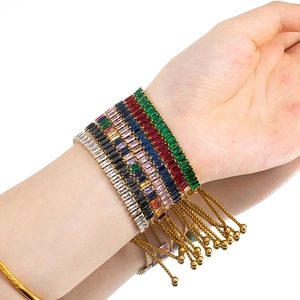 Colorful rectangular zircon stainless steel adjustable bracelet with gold-plated pull chain