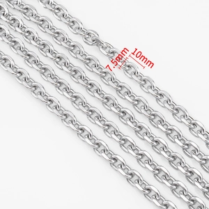 Detail view of silver O-link chain with dimensions 7.5mm width and 10mm length