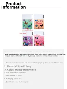 Detail of 10x7cm transparent self-adhesive bags with butterfly patterns and text
