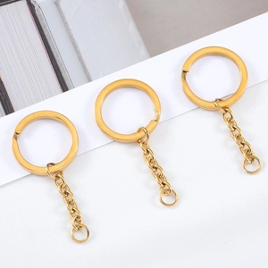 Three gold 25mm stainless steel flat key rings with chains and jump rings for DIY crafts
