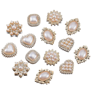 Retro geometric pearl and rhinestone buttons in heart and flower shapes with gold finish