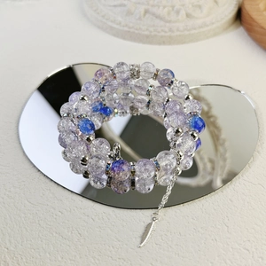 Dunhuang style multi-layer glass bead bracelet with purple gradient and feather pendant