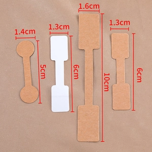 Kraft and white adhesive jewelry display tags for rings and necklaces in various sizes