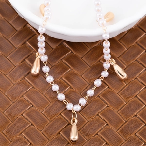 Elegant pearl chain with golden feather teardrop charms for DIY vintage costume jewelry