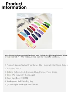 Detailed view of colorful 4.8cm metal water drop snap hair clips in a multi-pack set