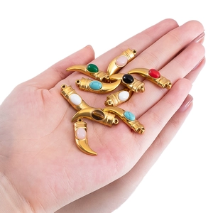 Golden horn pendants with colorful stone inlays for DIY jewelry making accessories