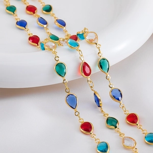 Exotic Bohemian Multicolor Teardrop Glass Bead Chain Gold Plated Copper Link Chain For DIY Necklace Bracelet Making Jewelry
