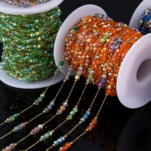 Golden stainless steel handmade beaded chain rolls with colorful faceted crystal beads