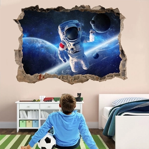 Detailed 3D astronaut wall sticker with cracked wall effect for kids room decor