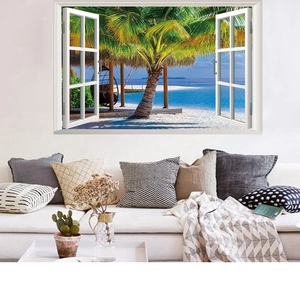 3D beach window wall sticker with tropical coconut trees and ocean view for living room