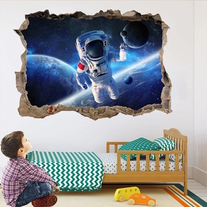 3D Astronaut Space Wall Sticker PVC Planet Starry Sky Broken Wall Decorative Decal For Kids Room Living Room Home Wall Decor