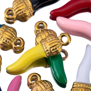 Colorful enamel Italian cornicello chili charms with textured golden metal caps