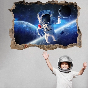 3D spaceman wall decal with cracked wall effect for kids room and bedroom decoration