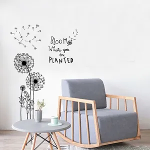Minimalist black dandelion wall stickers with Bloom Where You Are Planted quote for living room