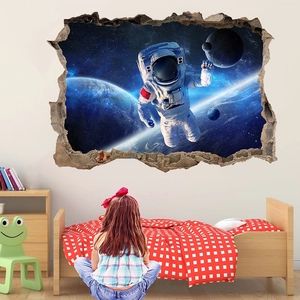 3D outer space wall sticker with astronaut and planets for kids room decor