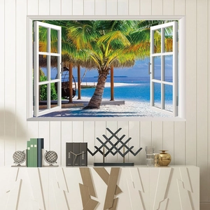 3D beach window wall sticker with palm trees and ocean view on white wood wall