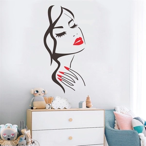 Elegant woman portrait vinyl wall decal with red lip accents for modern home living decor