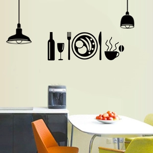 Minimalistischer schwarzer Wandsticker aus Vinyl mit Besteck und Weinglas Silhouette