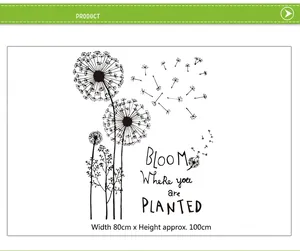 Dandelion wall sticker with Bloom Where you are Planted quote, 80x100cm black wall decal