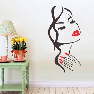 Detail of female portrait vinyl wall sticker with red lips and nails for home decor