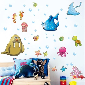 Vibrant cartoon ocean world wall decals featuring sea animals for kids bedroom decor