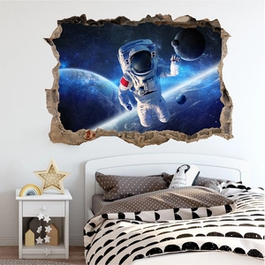 Detailed view of 3D astronaut wall sticker with realistic broken wall effect for kids room