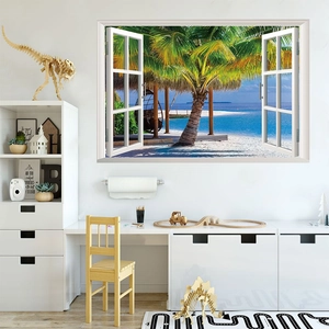 3D beach landscape window wall sticker with palm trees and blue ocean for home decor