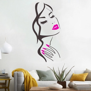 Modern minimalist female silhouette vinyl wall decal with pink accents for living room decor