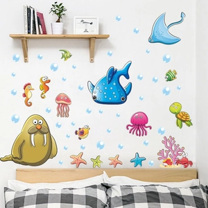 Cartoon ocean wall stickers featuring whales and seals for kids bedroom decoration