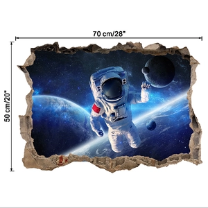 Detail view of 3D astronaut wall decal showing dimensions 70x50cm for home decor