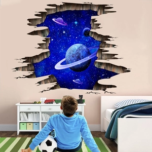 Adesivo murale 3D spazio con effetto muro rotto cielo stellato e pianeta con anelli
