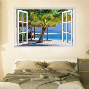 3D beach window wall sticker with tropical palm trees and ocean view for home decor