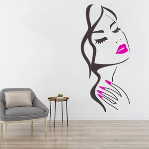 Modern vinyl wall decal featuring minimalist female face line art with pink lips and nails
